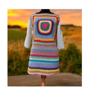 Crochet Colorful Dress,Handmade Dress,Hippie Dress,Granny Square Dress,Crochet Granny Square Long Sleeve Dress,Summer Dress