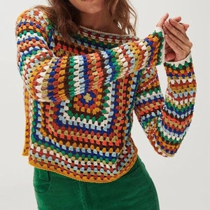 Crochet Sweater, Handmade Grandma Square Sweater, Crochet Patchwork Sweater, Handmade Colorful Sweater, Gift for Her image 1