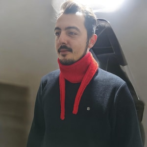 Handmade Knit Red Scarf: Skinny Neckerchief, Unisex Gift