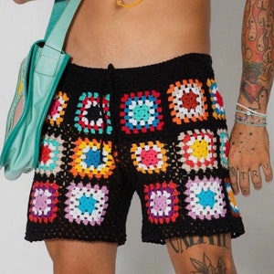 Short carré grand-mère,Short ethnique coloré pour homme,Short unisexe tricoté à la main au crochet,Shorts pour homme,Short de plage au crochet pour homme, image 1