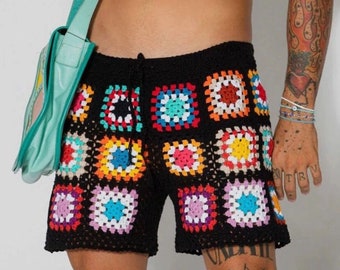 Granny square shorts,Colorful Men's Ethnic Shorts,Unisex Hand Knitted Crochet Shorts,Men's Shorts,Crochet Men's Beach Shorts,