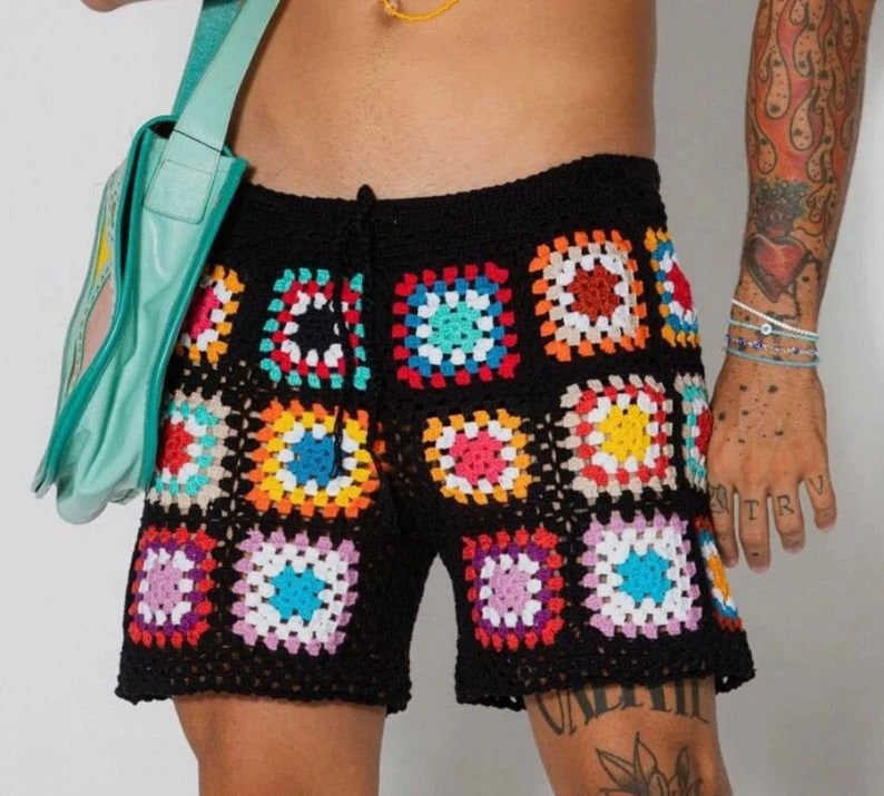 Short carré grand-mère,Short ethnique coloré pour homme,Short unisexe tricoté à la main au crochet,Shorts pour homme,Short de plage au crochet pour homme, image 1