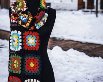Black Knitted Granny square Long Scarf,Afghan Women Scarf, Multicolour Scarf,Valentine's Day gift,Knitted Scarf,Unisex Scarf,Handmade Scarf