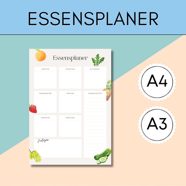 Essenplaner, Einkaufsliste. Essensplaner eine Woche, einfacher digitaler Download PDF, A4 und A3, für das Tablet oder zum Ausdrucken