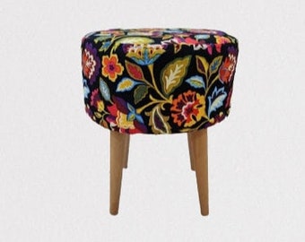 Upholstered Footstool, Footstool, Pouf, Pouffe, Moroccan, Black Moroccan Pattern Upholstered Sitting Chair, Taboret, Tabouret, Make Up Chair