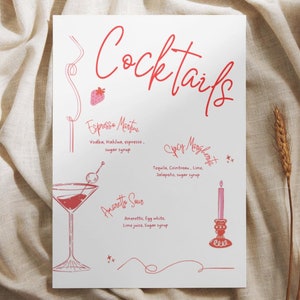 Modèle de menu de boissons manuscrit coloré, conception de cocktail illustrée, menu de bar modifiable, papeterie de mariage modifiable, menu dessiné à la main