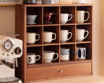 Wooden Desktop Coffee Tea Mug Cup Storage Holder with Drawer, Coffee Tea Mug Storage,  Cubby Kitchen Shelf, Coffee Bar, Desktop shelves box