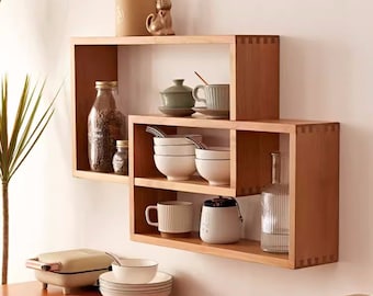 Rectangular Foating Wall Mounted Shelf, Solid Wood Display Shelf,  Coffee Tea Mug Cup Holder, Crystals,Essential Oils,Geometrical Wall Shelf