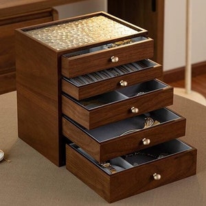 Großer Glasdeckel Holz Schmuck Box Organizer, 3 4 5 Schichten Schmuck Box, Ring Ohrring Armband Halskette Aufbewahrungskoffer, Jubiläum Hochzeitsgeschenk