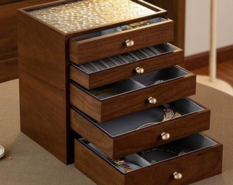 Large Glass Lid Wooden Jewelry Box Organizer,3 4 5 Layers Jewellery Box,Ring Earring Bracelet Necklace Storage Case,Anniversary Wedding Gift