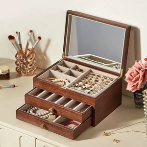 3 Schichten Einweg-Spiegel Glasabdeckung Holz Schmuckschatulle Organizer, große Schmuckschatulle, Ring Ohrring Armband Halskette Aufbewahrungskoffer mit Spiegel