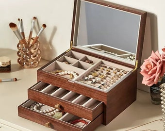 3 Layers One-way mirror Glass cover Wooden Jewelry Box Organizer,Large Jewellery Box,Ring Earring Bracelet Necklace Storage Case with mirror