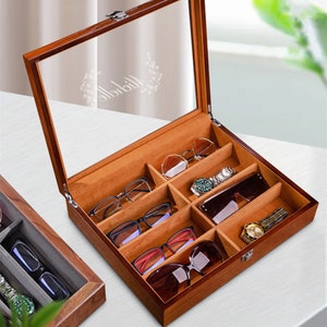 Aangepaste houten zonnebrilopslag met 8 sleuven, aangepaste retro lenzenvloeistofglazenstandaard display, horlogekast, verjaardagscadeau voor papa hem haar