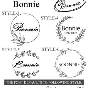 May include: Six different engraving styles for a name, with the name "Bonnie" used as an example. The styles include a simple name, a name in a circle, a name with a wreath, a name with a floral wreath, a name with a floral wreath and a date, and a name in a circle with a floral wreath. The font styles are also listed below the engraving styles.
