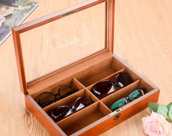 Custom Wooden Sunglasses Storage, Engrave Retro Eyeglass Glasses Stand Display Tray, Watch Cabinet Case Organizer, Birthday Gift for him her