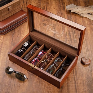 Graveer 6 sleuven houten zonnebril opslag, aangepaste retro lenzenvloeistof brilstandaard display lade, horlogekast, verjaardagscadeau voor hem haar