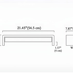 May include: Line drawing of a rectangular table with dimensions 21.45 inches by 7.87 inches. The table is 4.3 inches tall and has a 1.57 inch wide frame.