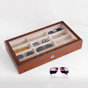 Aangepaste 8/12 sleuven houten zonnebril opslag, graveren lenzenvloeistof glazen standaard display lade, stropdas kast, verjaardagscadeau voor papa hem haar