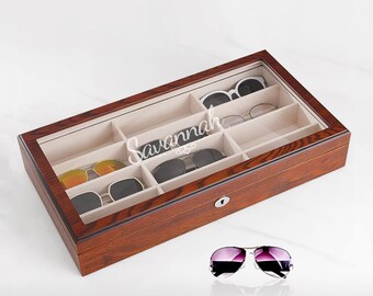 Custom 8 /12 slots Wooden Sunglasses Storage,Engrave Eyeglass Glasses Stand Display Tray,Tie Cabinet Case,Birthday Gift for dad him her