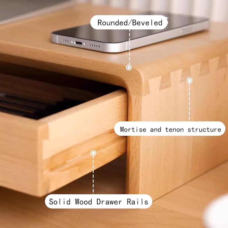 May include: A wooden nightstand with a drawer and a rounded top. The drawer has solid wood rails and the nightstand features a mortise and tenon structure.