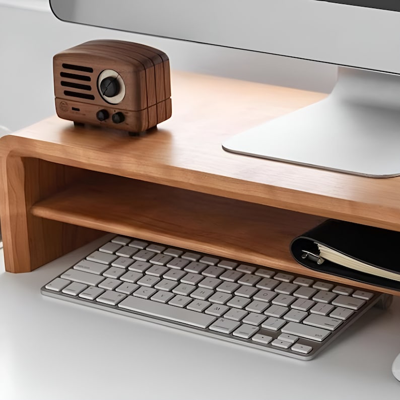 Desk Riser Shelf Setup Custom All in One Desk Setup Desk Shelf 105cm for Monitor Stand, Wood ...
