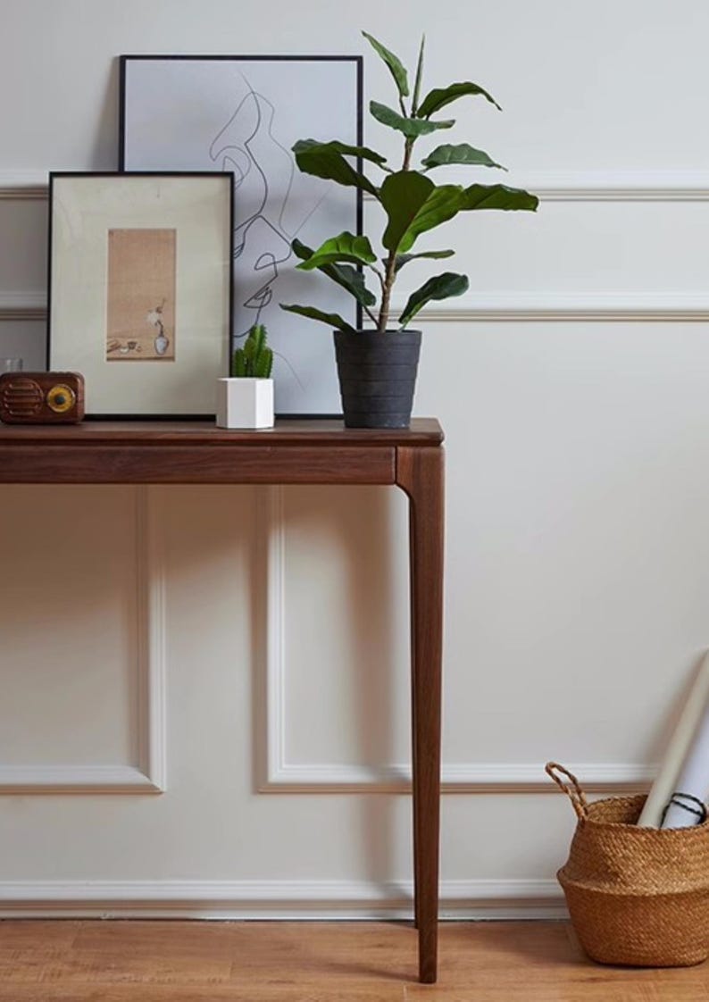 Konsol-/soffbord i valnöt med låda, långa, smala ben, lantlig entrébord, present till hemmet, inflyttningspresent, renovering, bröllopspresent bild 7