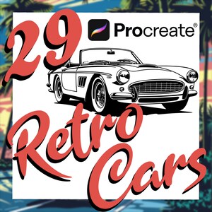 Könnte beinhalten: Eine Schwarzweißillustration eines Oldtimer-Cabrios mit dem Text "29 Retro Cars" und dem Procreate-Logo.
