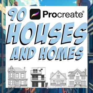Puede incluir: Conjunto de pinceles Procreate "90 Casas y Casas" que incluye cuatro dibujos en blanco y negro de casas. El texto está en una fuente de estilo cómic.