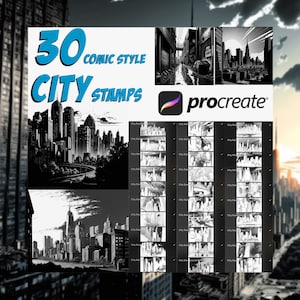 Könnte beinhalten: 30 Schwarzweiß-Stempel im Comic-Stil für Procreate. Die Stempel zeigen verschiedene Stadtansichten mit Gebäuden, Straßen und Brücken.