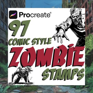 Może przedstawiać: 97 stempli w stylu komiksowym Zombie do Procreate. Białe tło z czerwonym i zielonym tekstem. Obraz przedstawia zombie w stylu czarno-białej ilustracji.