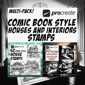 Puede incluir: Un conjunto de sellos digitales para Procreate que incluye 42 sellos de casas de estilo cómic y 50 sellos de fondo de habitaciones e interiores. Los sellos son en blanco y negro y presentan una variedad de casas e interiores.