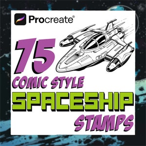 Può includere: Uno sfondo bianco con un design grafico viola e verde. Il design grafico presenta un'astronave, il numero 75, le parole "Comic Style Spaceship Stamps" e il logo Procreate.