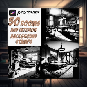 Puede incluir: Un conjunto de 50 sellos digitales en blanco y negro para Procreate que representan fondos de habitaciones interiores. La imagen muestra tres ejemplos de sellos: un bar, un dormitorio y un garaje.