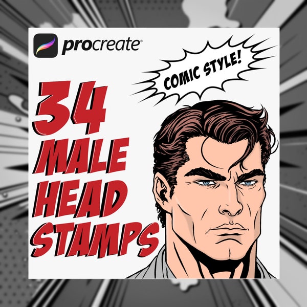 Procreate comic book style head stamps | digital art assistance brush set | manga male drawing guide brushes | illustration | graphic design