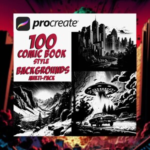 May include: A digital illustration of 100 comic book style backgrounds for Procreate. The image shows three different backgrounds: a cityscape, a mountain range, and a UFO over a car.