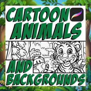 May include: Black and white cartoon illustration of a tiger in a jungle setting. The text "CARTOON ANIMALS AND BACKGROUNDS" is in green letters at the top of the image.