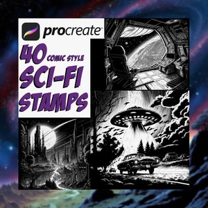 May include: A set of 40 black and white comic style sci-fi stamps for Procreate. The stamps feature images of spaceships, futuristic cities, and other sci-fi elements.