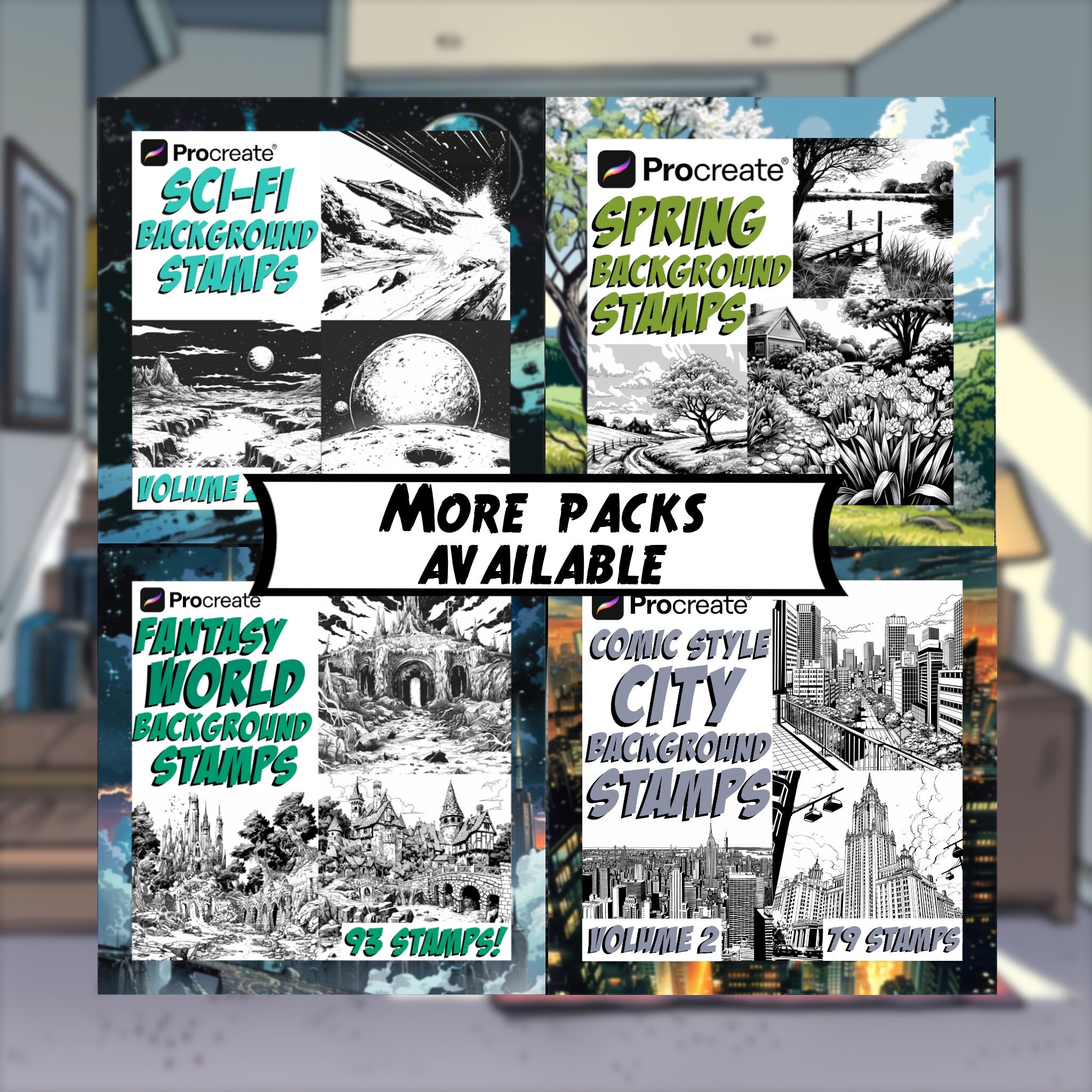 Comic Book Style Bedroom Backgrounds | Procreate Digital Art Stamps ...