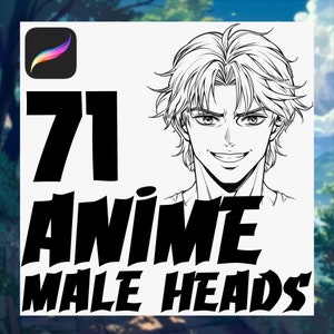 May include: Black and white illustration of 71 anime male heads. The text "71 Anime Male Heads" is written below the illustration.