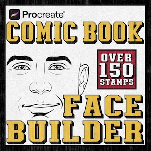 May include: Procreate Comic Book Face Builder stamp set with over 150 stamps for creating comic book style faces. The image shows a black and white outline of a face with a neutral expression.