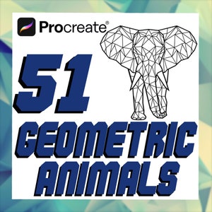May include: A digital illustration of a geometric elephant in black and white. The image is set against a white background with the text "Procreate" and "51 Geometric Animals" in blue.