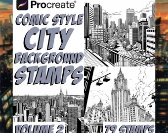 May include: A set of 79 black and white comic style city background stamps for Procreate. The stamps feature different cityscapes, including buildings, streets, and skies. The stamps are perfect for creating comic book backgrounds.