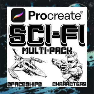 Può includere: Illustrazione in bianco e nero di un'astronave e di un personaggio che tiene una pistola. Il testo "Procreate" e "SCI-FI MULTI-PACK" è visualizzato sopra le illustrazioni. Il testo "SPACESHIPS" e "CHARACTERS" è visualizzato sotto le illustrazioni.
