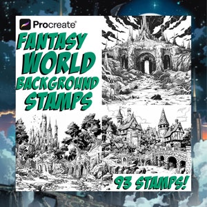 Fantasy World backgrounds | Procreate digital art stamps | comic illustration tool | medieval drawing assistance brushes | graphic design