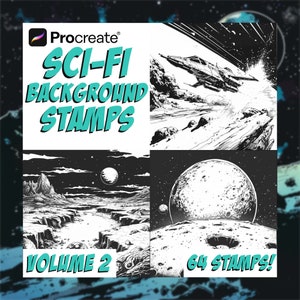 May include: A set of 64 black and white Procreate stamps featuring sci-fi backgrounds. The stamps include images of planets, spaceships, and landscapes. The text "SCI-FI BACKGROUND STAMPS VOLUME 2" is displayed on the image.