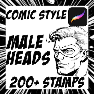 May include: Black and white illustration of a comic book style male head with a mask. The text "COMIC STYLE MALE HEADS 200+ STAMPS" is below the illustration.