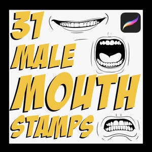 May include: A digital illustration of 31 different male mouth shapes, with the text "31 Male Mouth Stamps" in yellow letters. The image is in a comic book style.