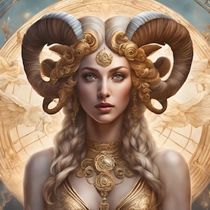 Aries horoscope digital print - żeńska bogini znak zodiaku Baran jako sztuka ścienna. Zestaw 4 cyfrowych portretów.
