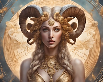 Aries horoscope digital print - female goddess Aries zodiac sign as wall art. Set of 4 digital portraits.