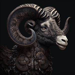 May include: A detailed, ornate ram's head sculpture with intricate gold and blue patterns on its horns and fur. The ram's head is facing to the right, and its eye is visible.